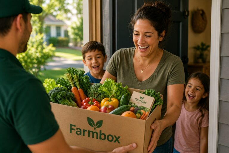 Familia latina recibiendo una caja de frutas y verduras gratis en su hogar