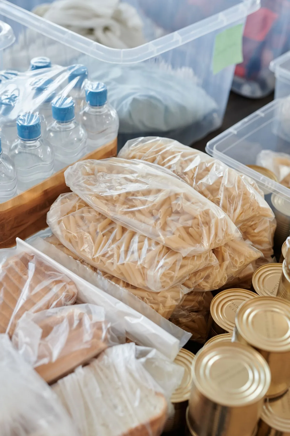 Boxes of groceries and canned food packed for donation as food parcels in South Africa