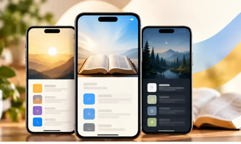Varios celulares mostrando telas de aplicativos de Biblia