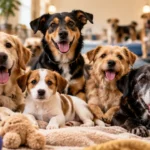 Several rescue dogs of different ages waiting for adoption in a shelter