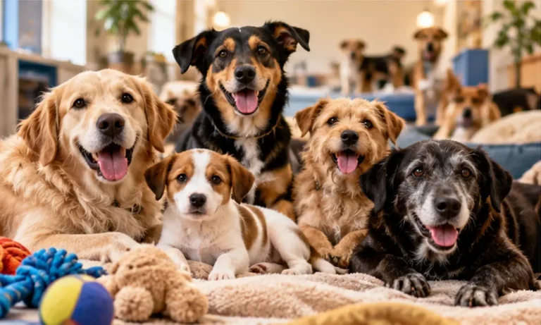 Several rescue dogs of different ages waiting for adoption in a shelter
