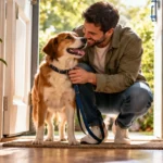 Man bringing his newly adopted rescue dog home for the first time