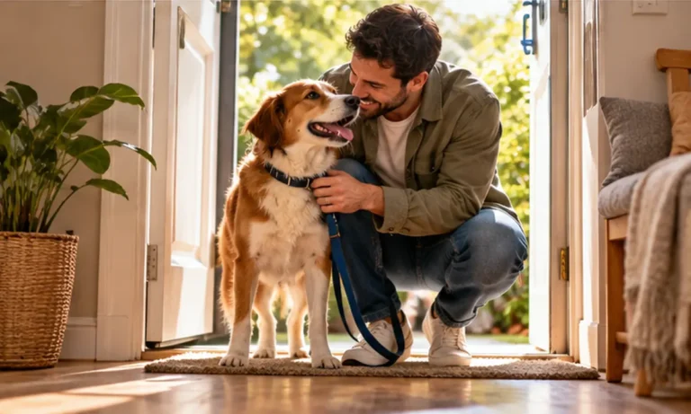 Man bringing his newly adopted rescue dog home for the first time