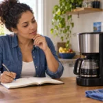 Consumidora avaliando uma cafeteira e anotando observações, cena ilustrativa