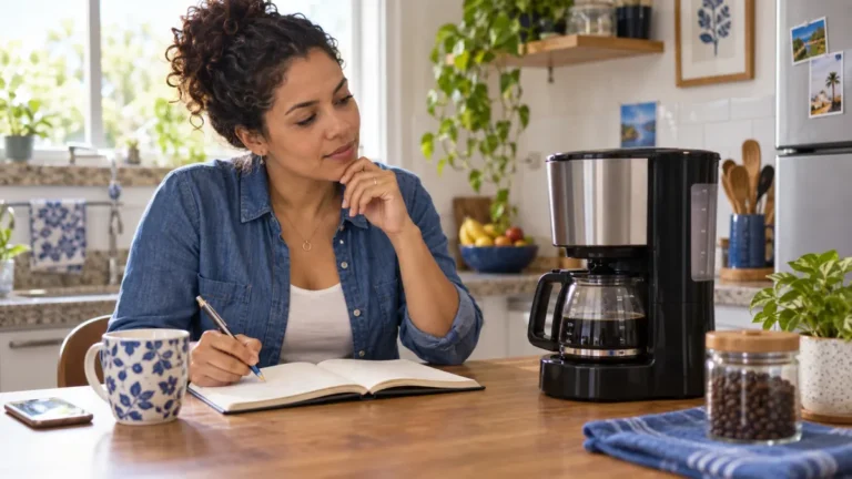 Consumidora avaliando uma cafeteira e anotando observações, cena ilustrativa