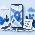 Ilustração de celular com mapa e marcador de localização, sem dados reais.