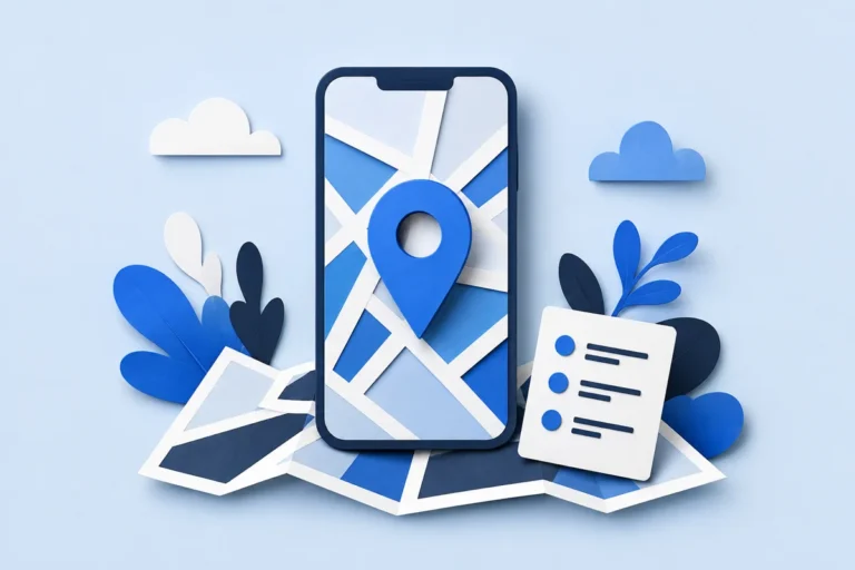 Ilustração de celular com mapa e marcador de localização, sem dados reais.