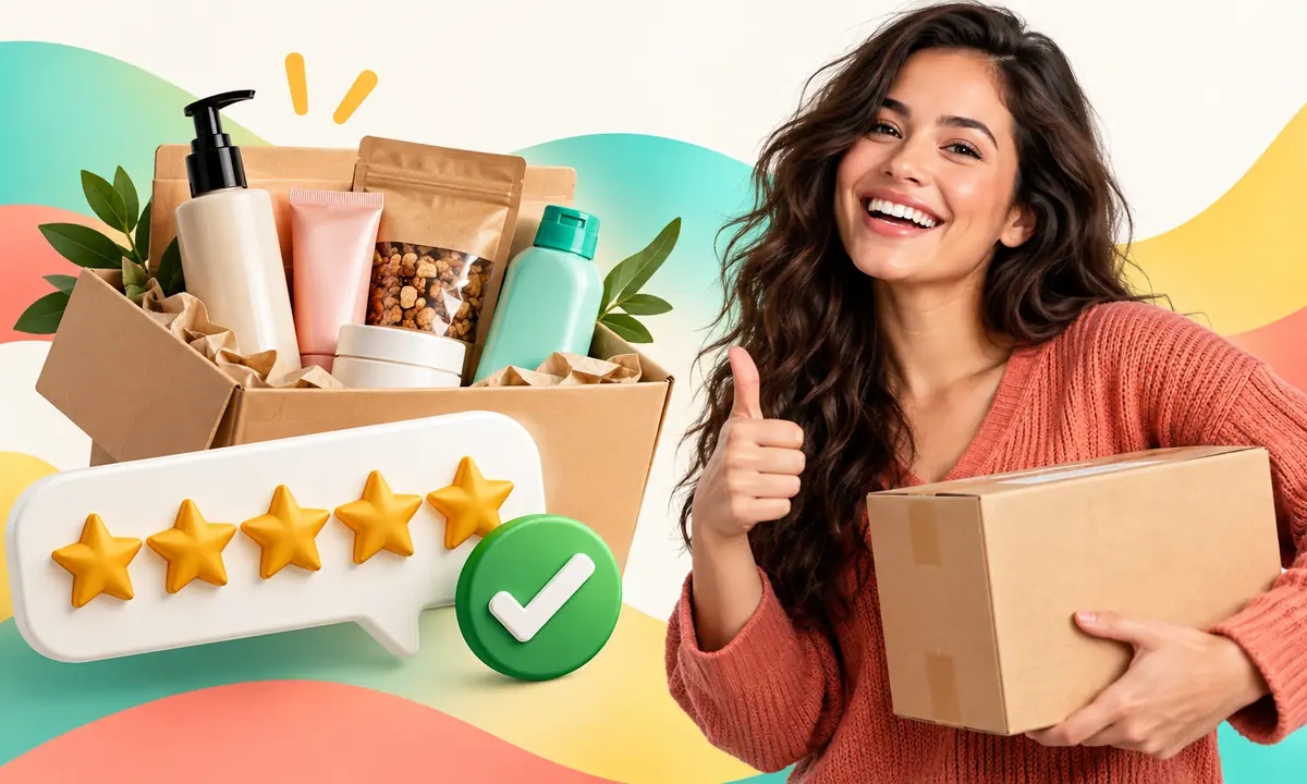Ilustração de uma caixa de produto com selo de avaliação representando o teste de produtos