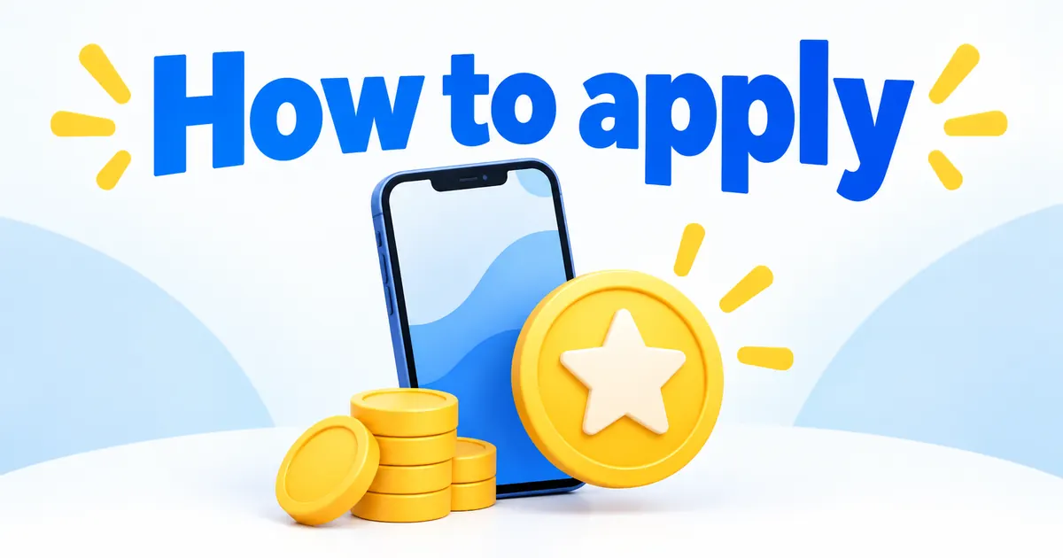 Illustration of a product box, phone and reward coins representing an app rewards program