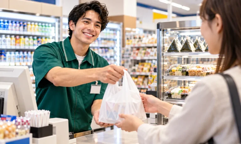 Store clerk handing a shopping bag to a customer at a Japanese convenience store counter