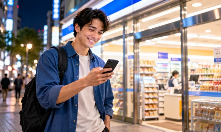 Young foreigner checking job listings on a phone outside a Japanese convenience store at night