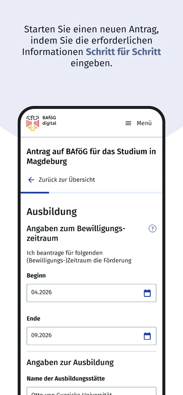 Screenshot der BAföG Digital App: neuen Antrag Schritt für Schritt starten