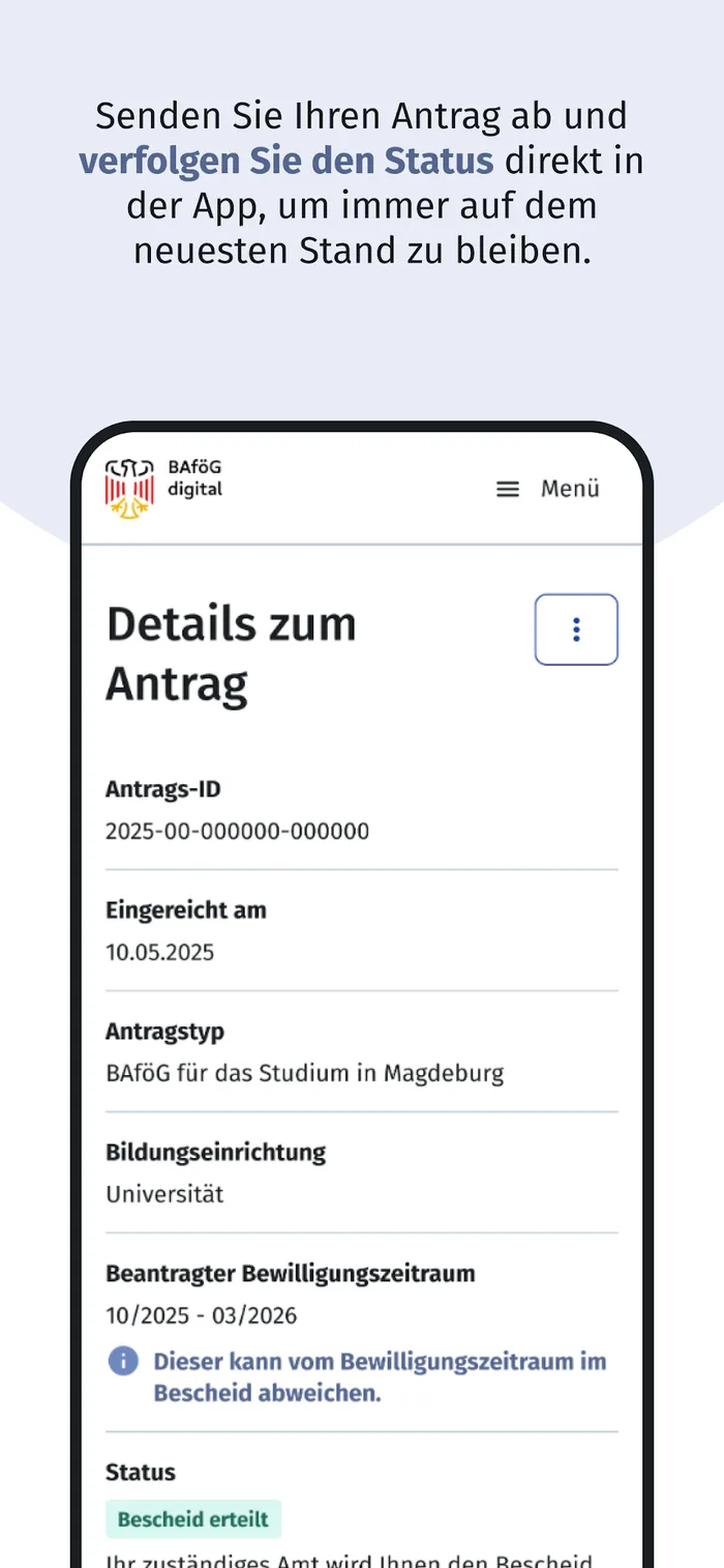 Screenshot der BAföG Digital App: Details und Status eines Antrags