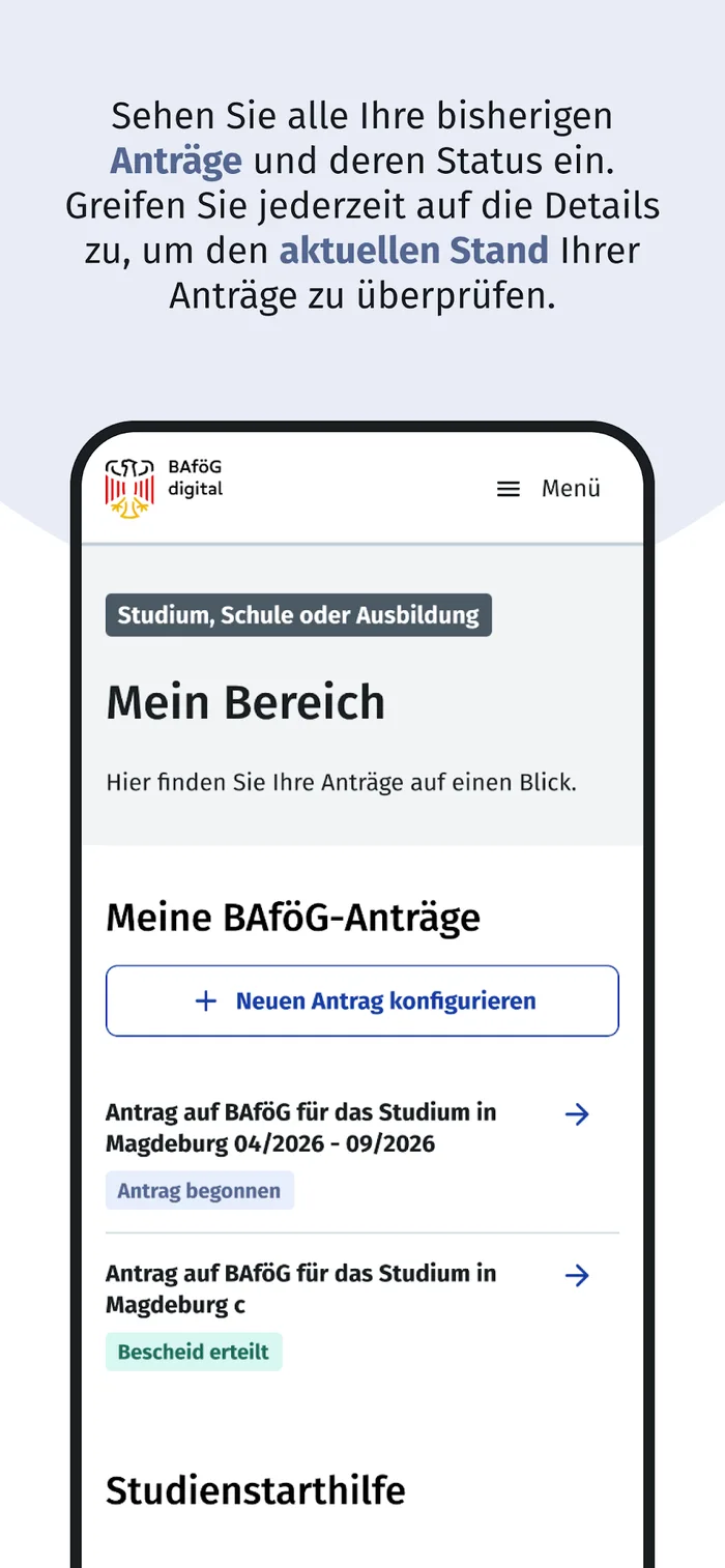 Screenshot der BAföG Digital App: Mein Bereich mit allen Anträgen