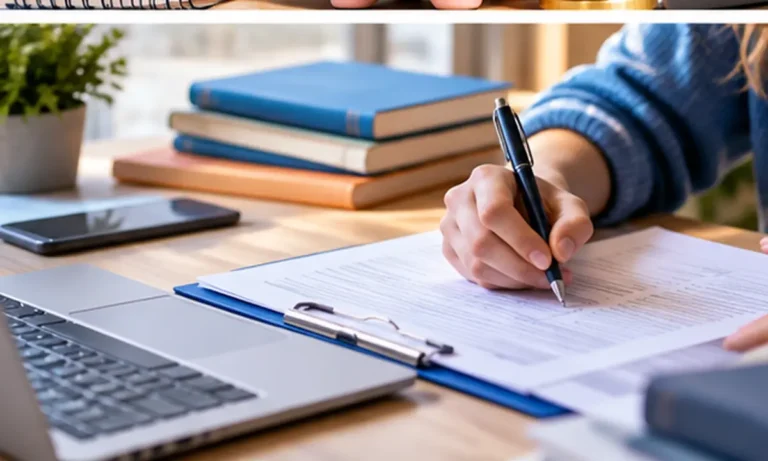 Studierende mit Unterlagen, Laptop und Smartphone beim BAföG-Antrag
