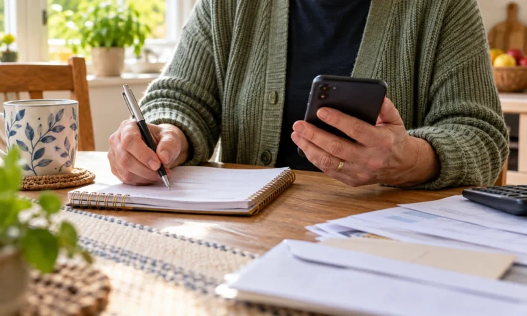 Hands with a notebook and a phone checking a list at a kitchen table