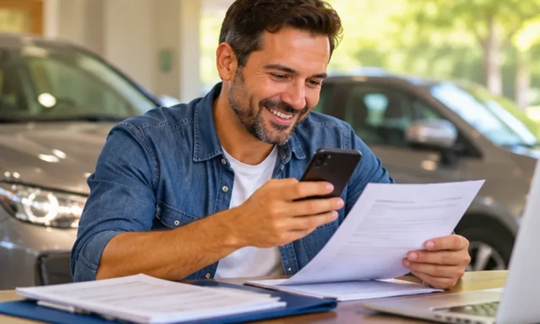 Homem conferindo documentos do carro usado no celular e no papel