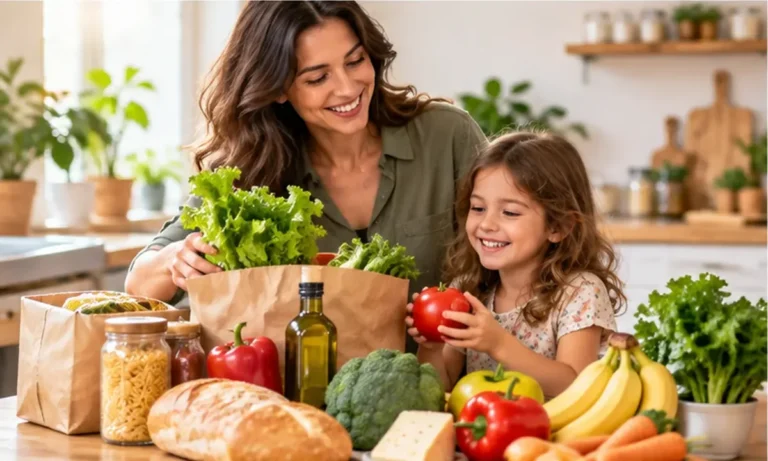 Madre e figlia in cucina con la spesa alimentare, pane, verdura e olio