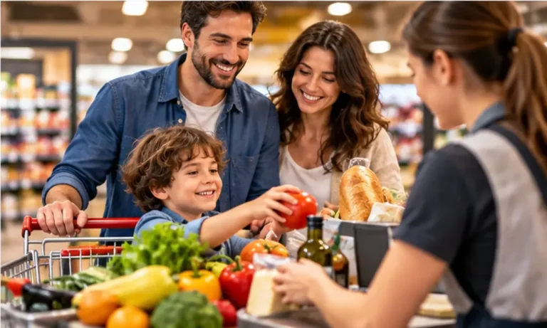 Famiglia alla cassa del supermercato con la spesa di prima necessità