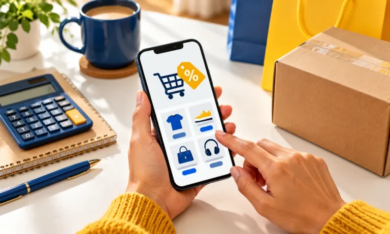 Mãos segurando um celular com carrinho de compras e etiqueta de desconto sobre uma mesa com calculadora