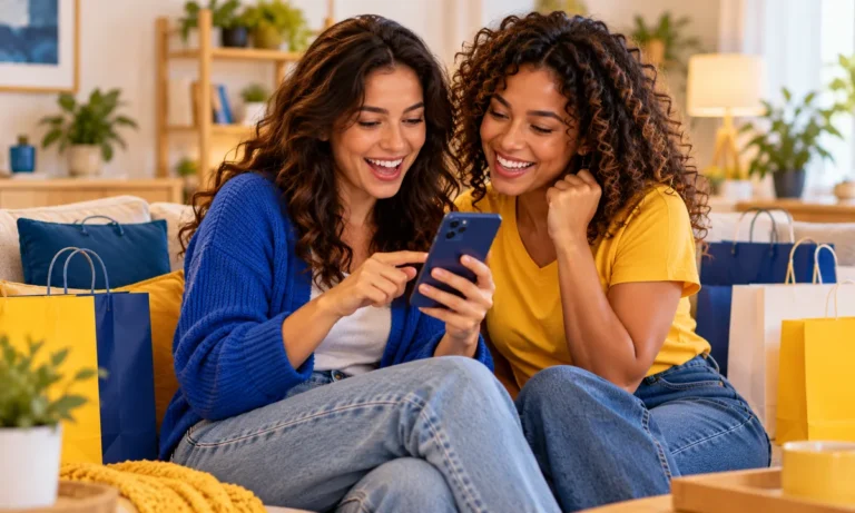 Duas amigas olhando notificações de ofertas no celular com sacolas de compras ao fundo