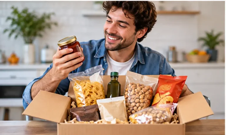 Persona che apre una scatola di prodotti da testare a casa
