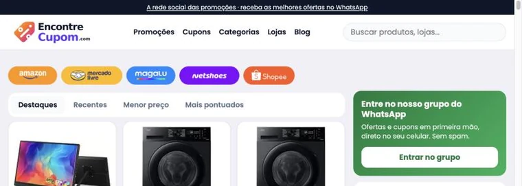 Página inicial do site Encontre Cupom com as lojas Amazon, Mercado Livre, Magalu, Netshoes e Shopee e o convite para o grupo do WhatsApp