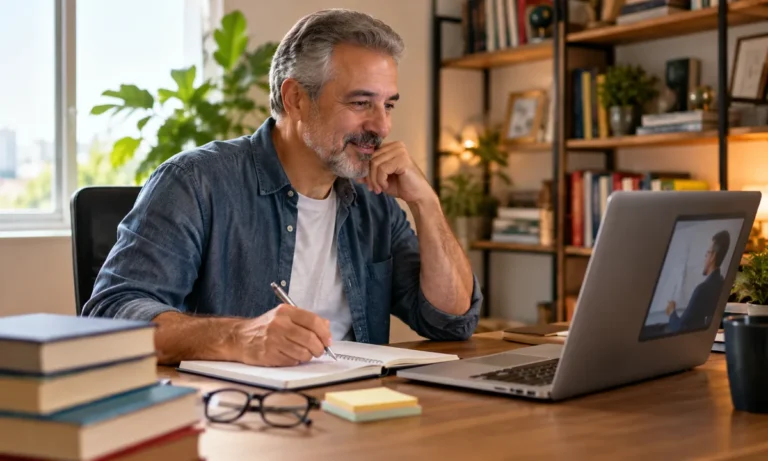 Homem adulto estudando em casa com notebook, caderno e livros