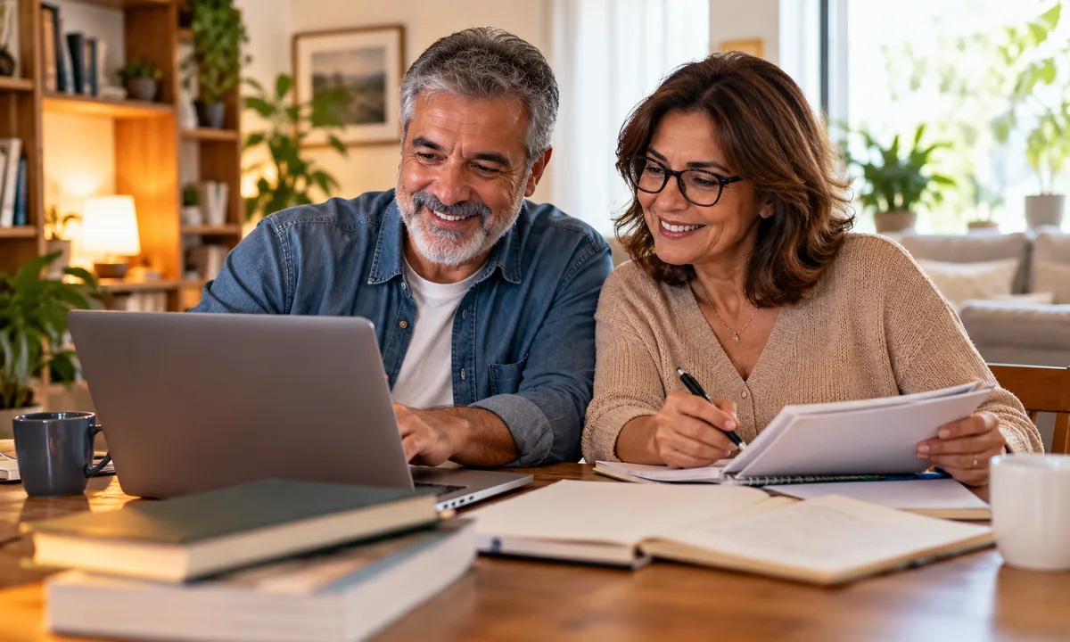 Casal de adultos mais velhos estudando juntos em casa com notebook e livros