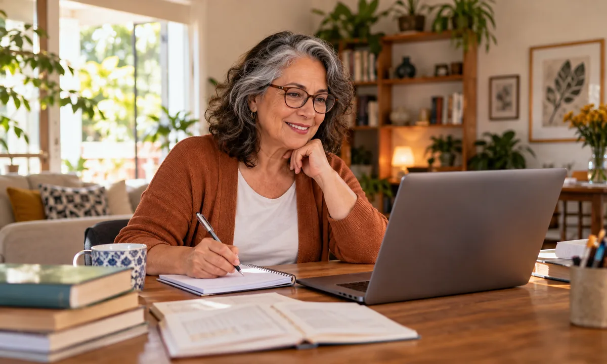 Mulher de cabelos grisalhos estudando em casa com notebook e caderno