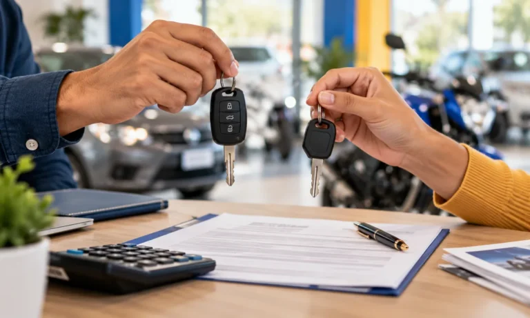 Manos sosteniendo la llave de un auto y la de una moto sobre un contrato y una calculadora