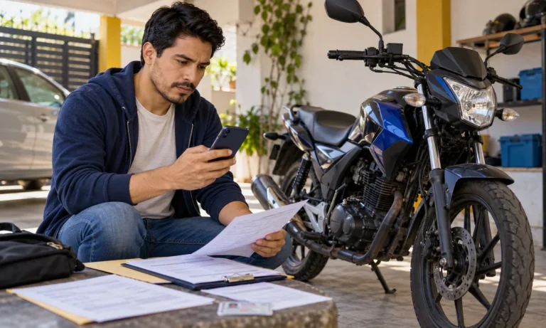 Persona revisando documentos y el celular junto a una moto usada en una cochera