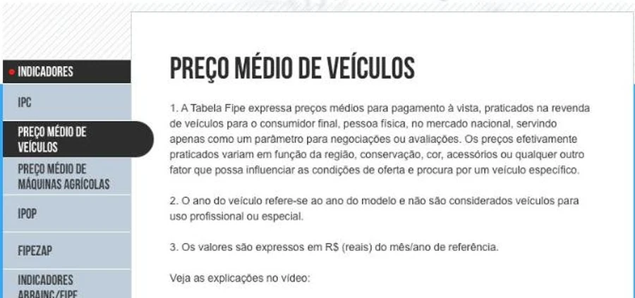 Página da Tabela FIPE com a explicação do preço médio de veículos