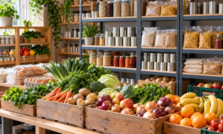 Community pantry shelves stocked with tins and fresh produce