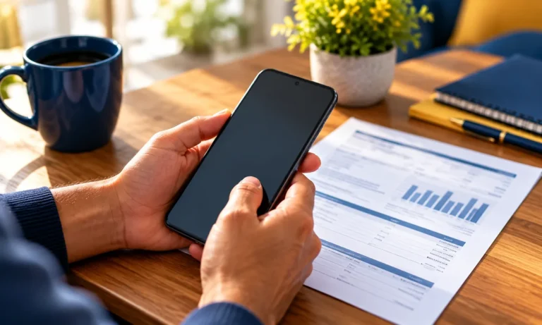 Hands holding a smartphone next to a phone bill