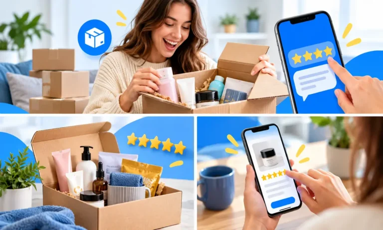 Person unboxing products to test at home and reviewing them on a phone