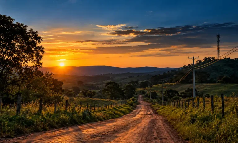 Estrada de terra rural ao pôr do sol com uma torre de celular ao longe