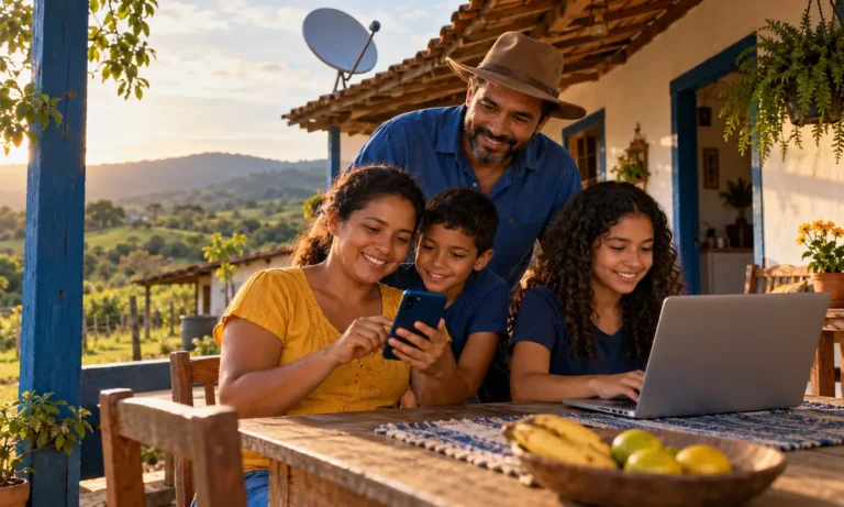 Família na varanda de casa rural usando celular e notebook, com antena de satélite no telhado