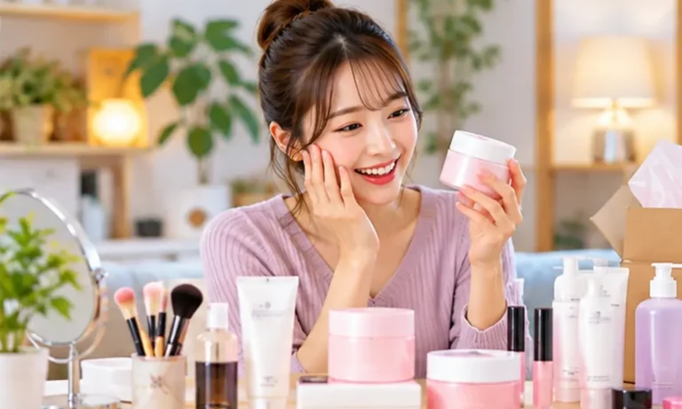 モニター商品のコスメを試す女性