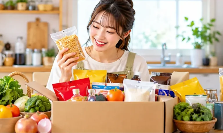 懸賞で当たった食品や日用品を見る女性