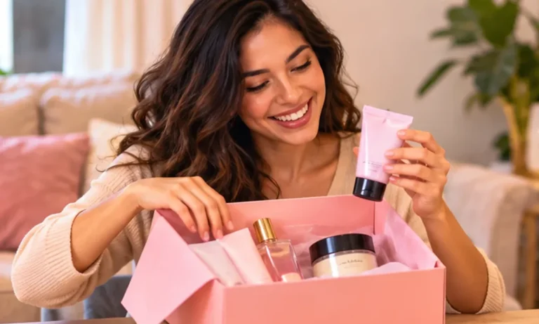 Mulher abrindo uma caixa rosa com produtos de beleza em miniatura