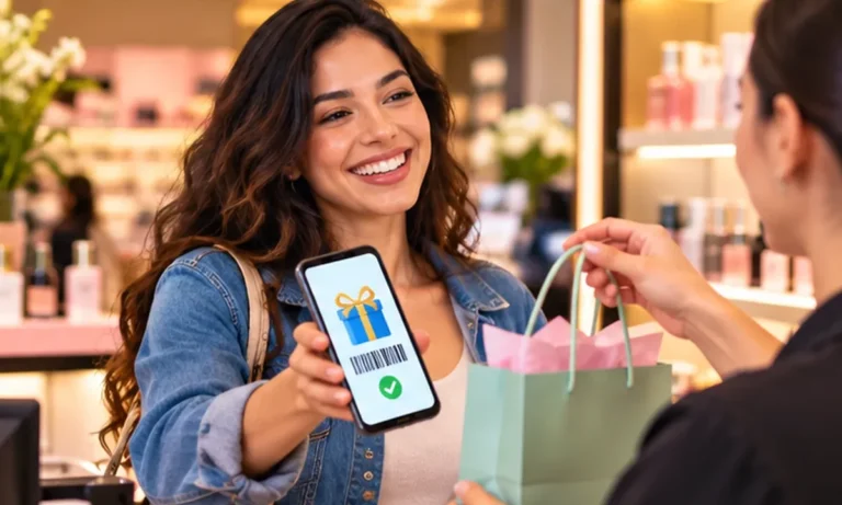 Cliente mostrando o vale-brinde no celular para retirar o mimo na loja