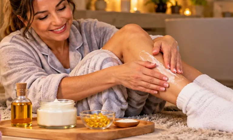 Mulher passando creme nas pernas e pés com ingredientes ao lado