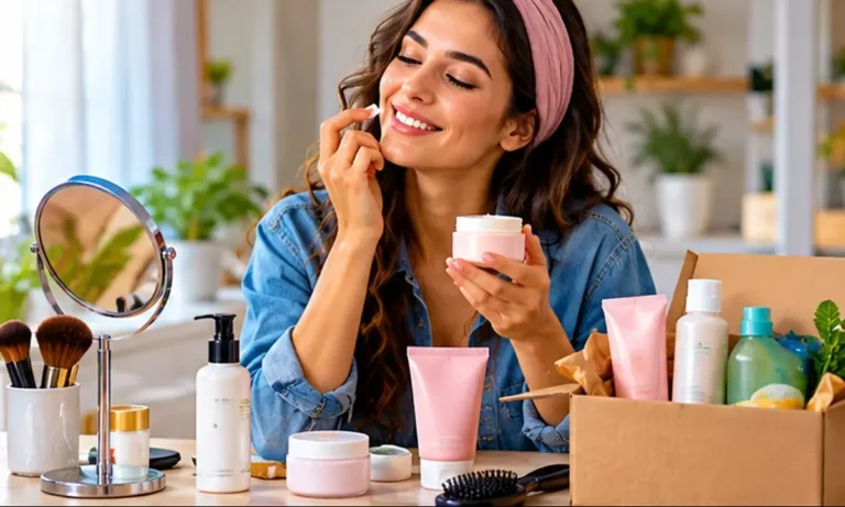 Mujer probando una crema de una caja de productos de belleza