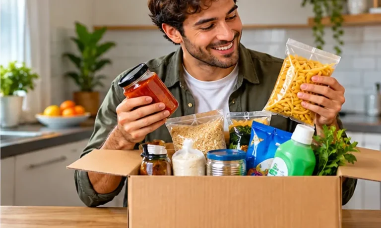 Hombre en la cocina con una caja de productos de alimentación y limpieza para probar