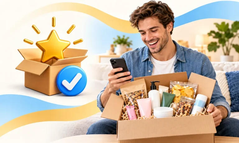 Person packt Testprodukte aus einem Karton aus und bewertet sie