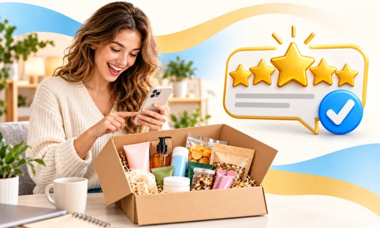 Person packt Testprodukte aus einem Karton aus und bewertet sie