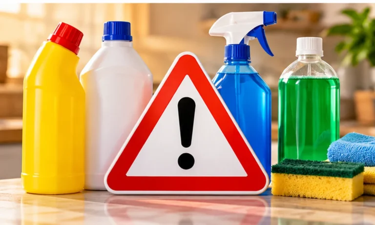 Frascos de produtos de limpeza e sinal de atenção: o que não misturar