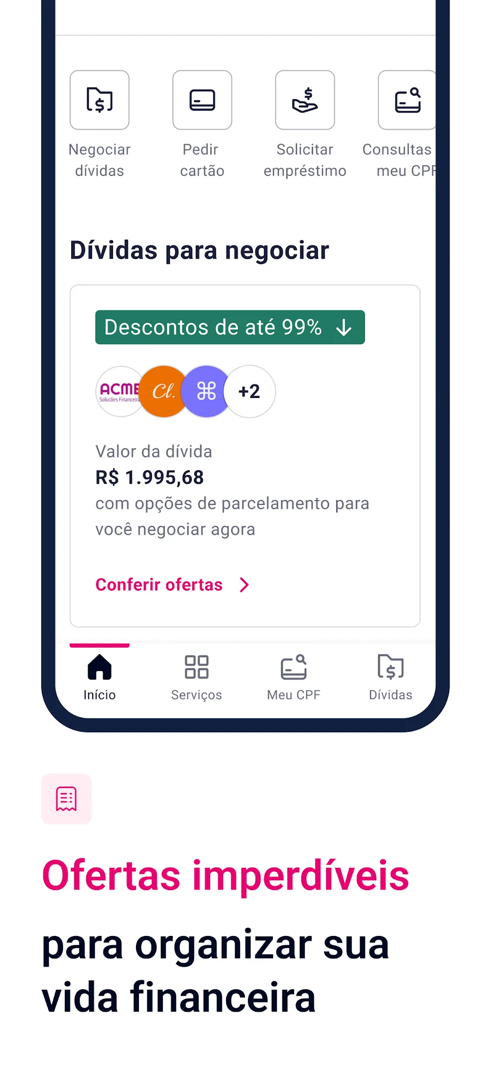 Tela do app Serasa mostrando dívidas em aberto e opções de negociação