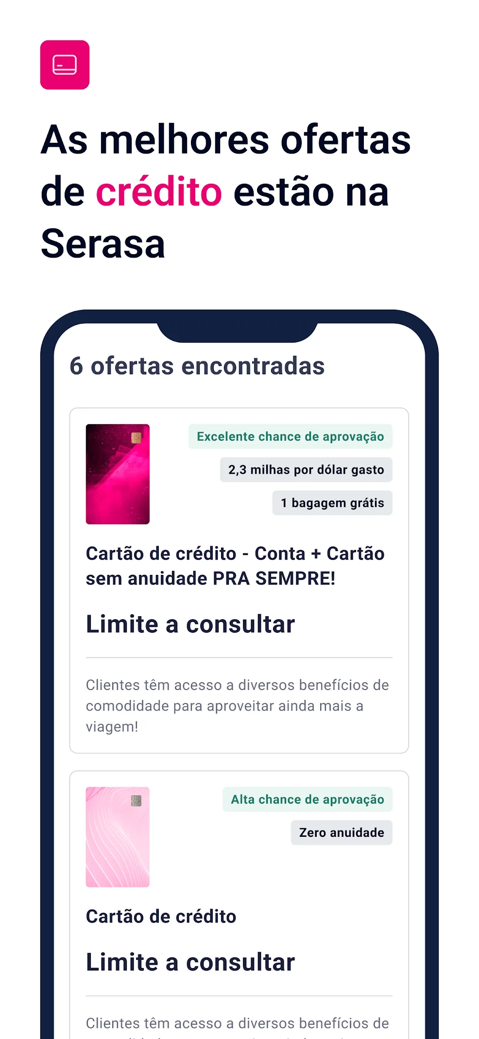 Tela do app Serasa com ofertas de crédito liberadas após a consulta do score